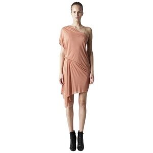 Helmut Lang Coral Peach One Shoulder Ruched Asymmetric Micro Modal Dress Size S